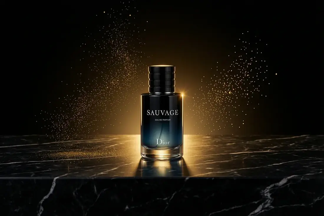 Advertising shot of a perfume with golden lighting