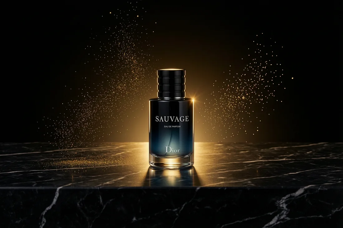 تصوير إعلاني لعطر بإضاءة ذهبية